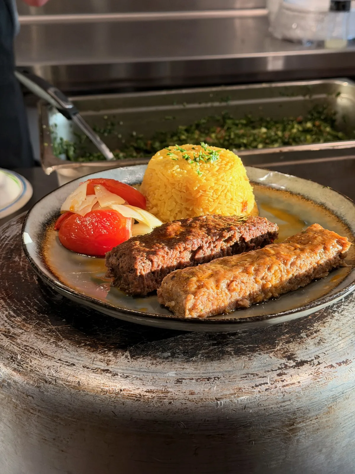 Plated beef kefta with basmati rice